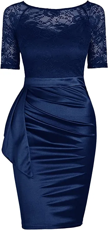 Black Women's Short Sleeve Colorblock Sheath Pencil Business Church Dress - Mmondschein