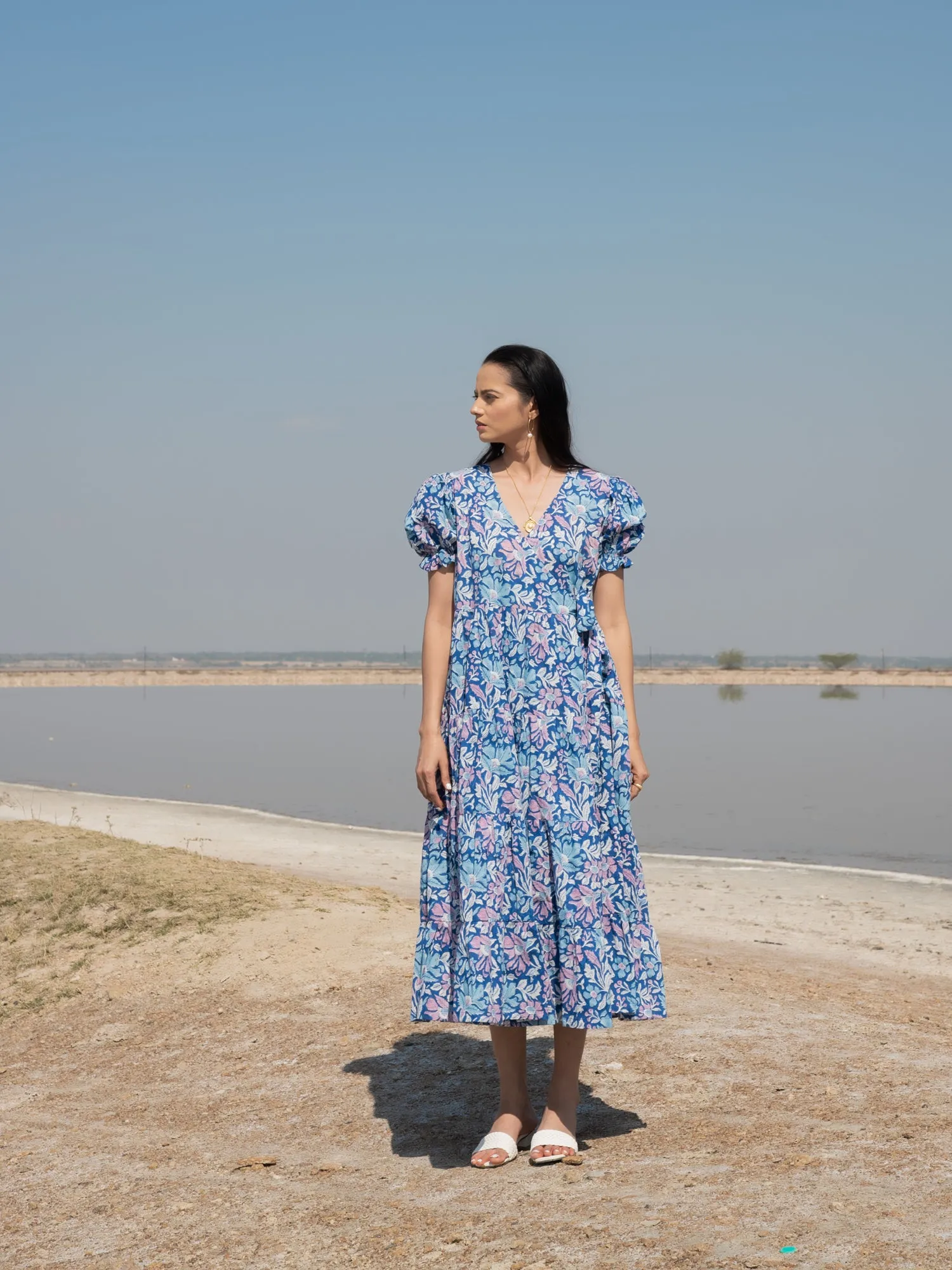 Blue Lagoon Tier Wrap Dress - Blue Hand Block Printed Tiered Wrap Dress