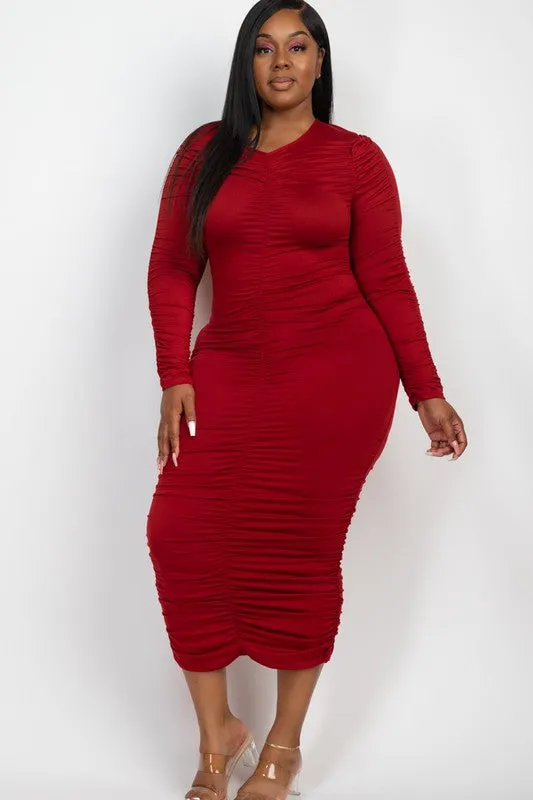 CAPELLA Curvy Plus Size Ruched Long Sleeve Midi Dress