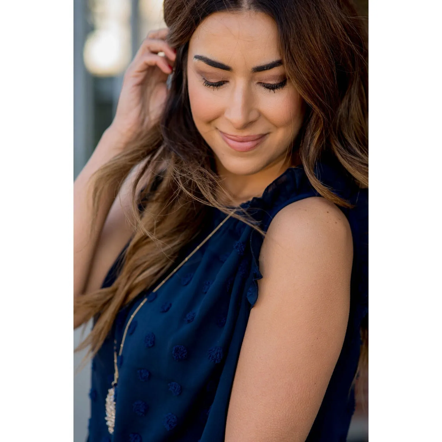 Cinched Neck Ruffle Swiss Dot Tank