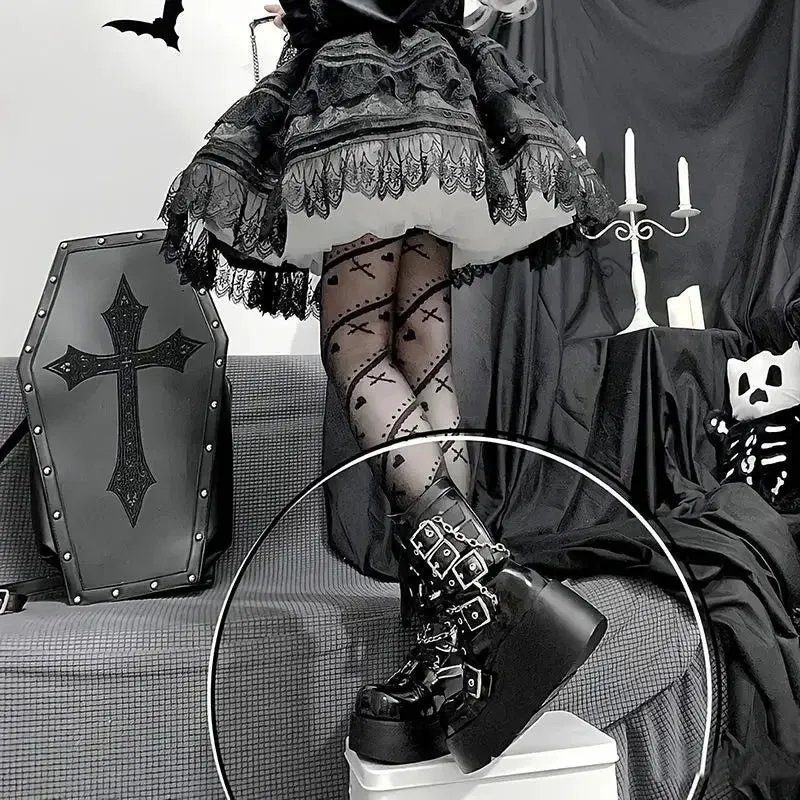 Gothic Black Lolita Heart Cross Tights