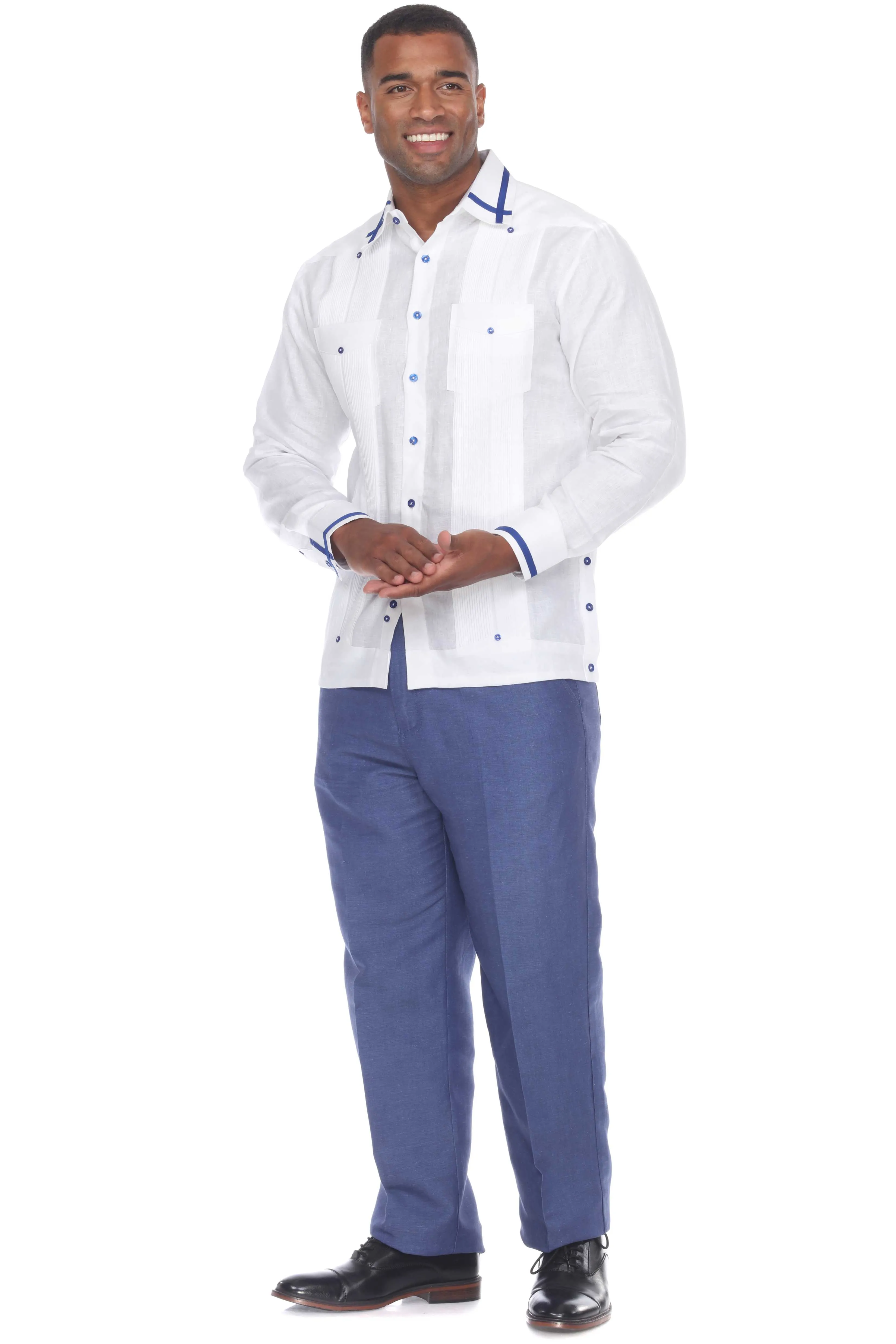 Mojito Men's Guayabera Shirt Long Sleeve 100% Linen with Stylish Stripe Trim