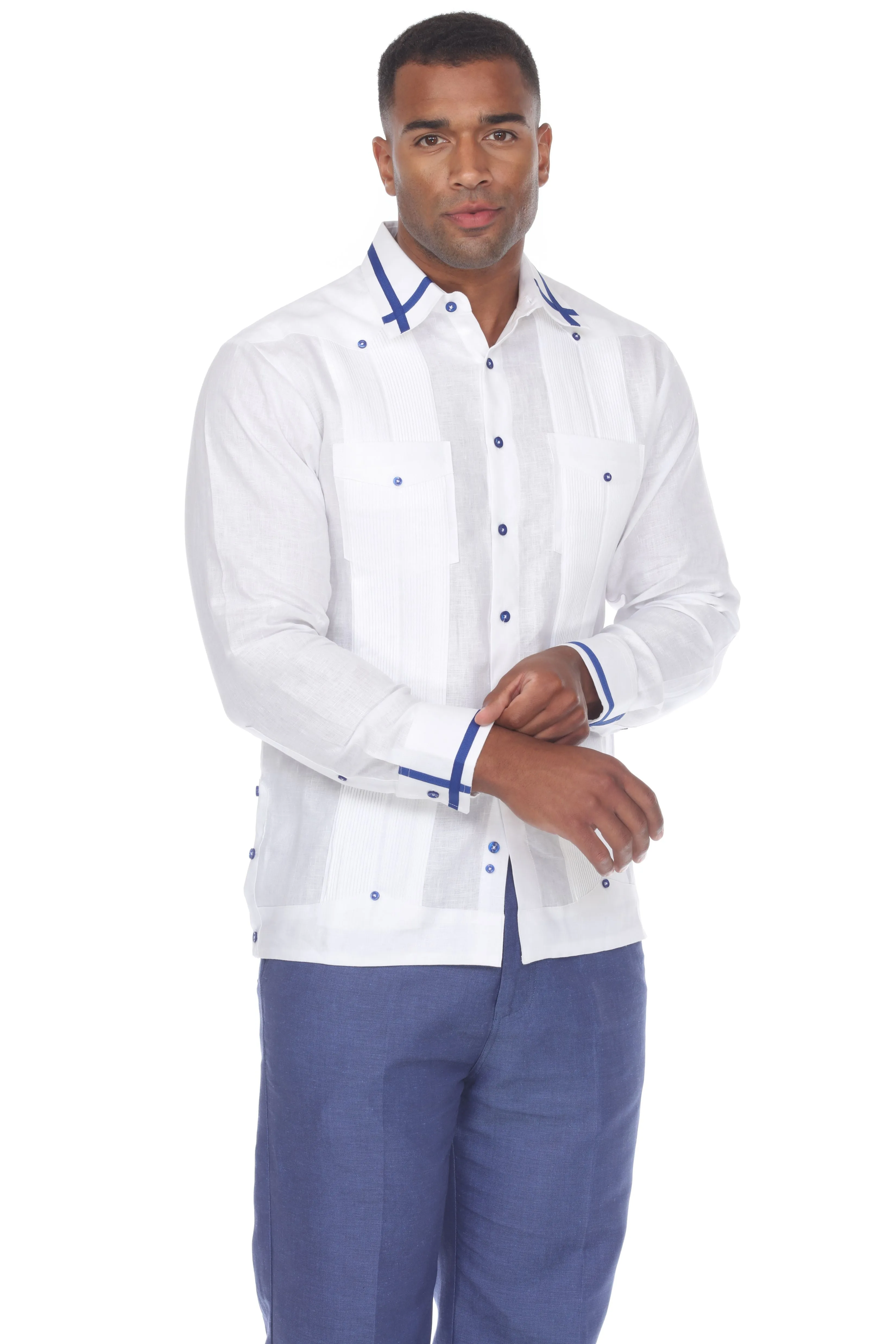 Mojito Men's Guayabera Shirt Long Sleeve 100% Linen with Stylish Stripe Trim