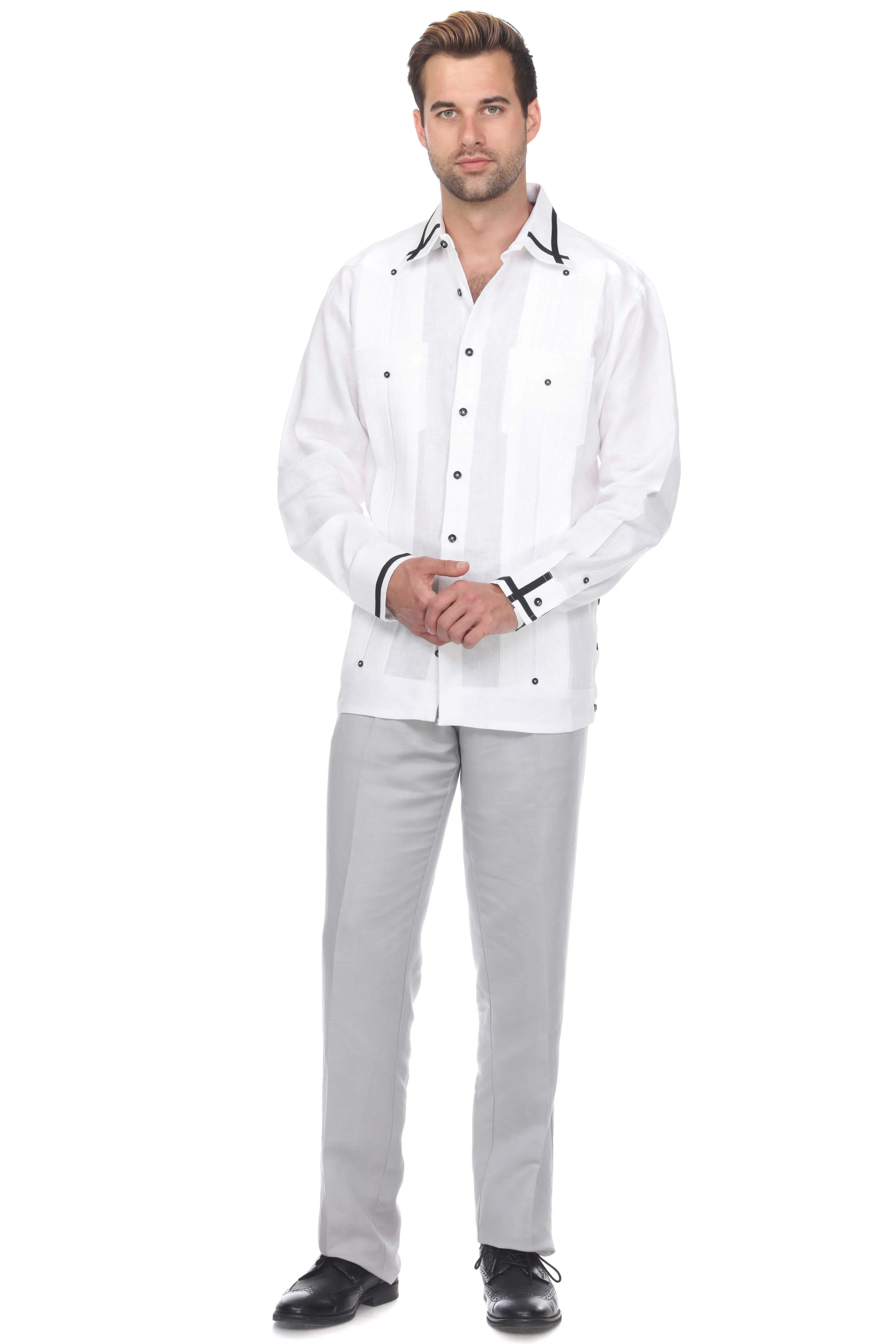Mojito Men's Guayabera Shirt Long Sleeve 100% Linen with Stylish Stripe Trim