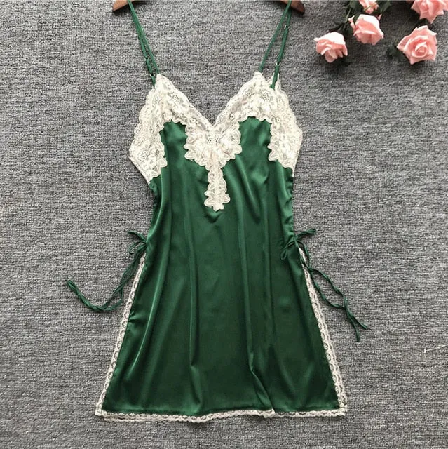 Sling V Neck slip Women's Satin Nightwear Lace Sleepwear