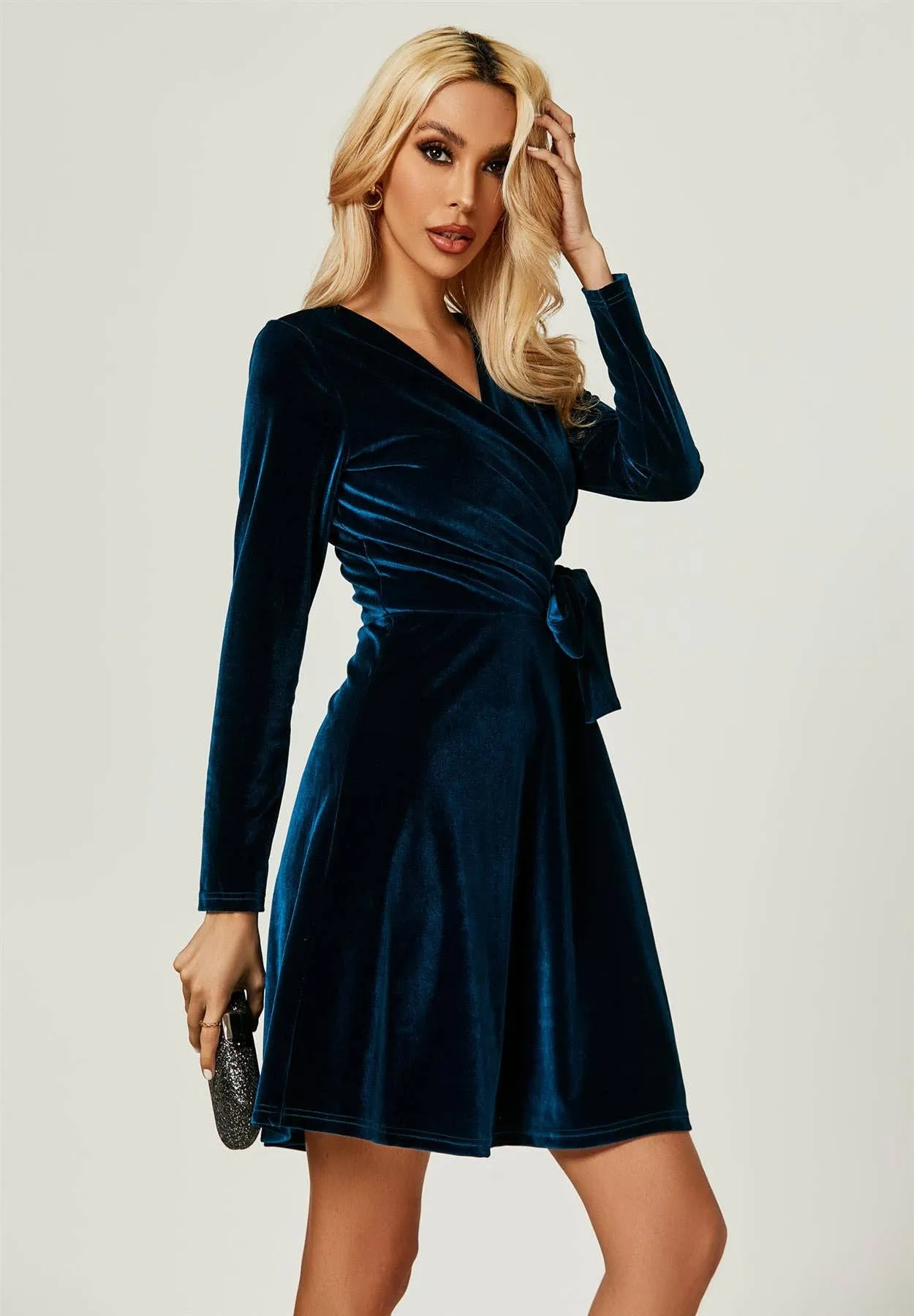 Teal Velvet Wrap Style Long Sleeve Mini Dress
