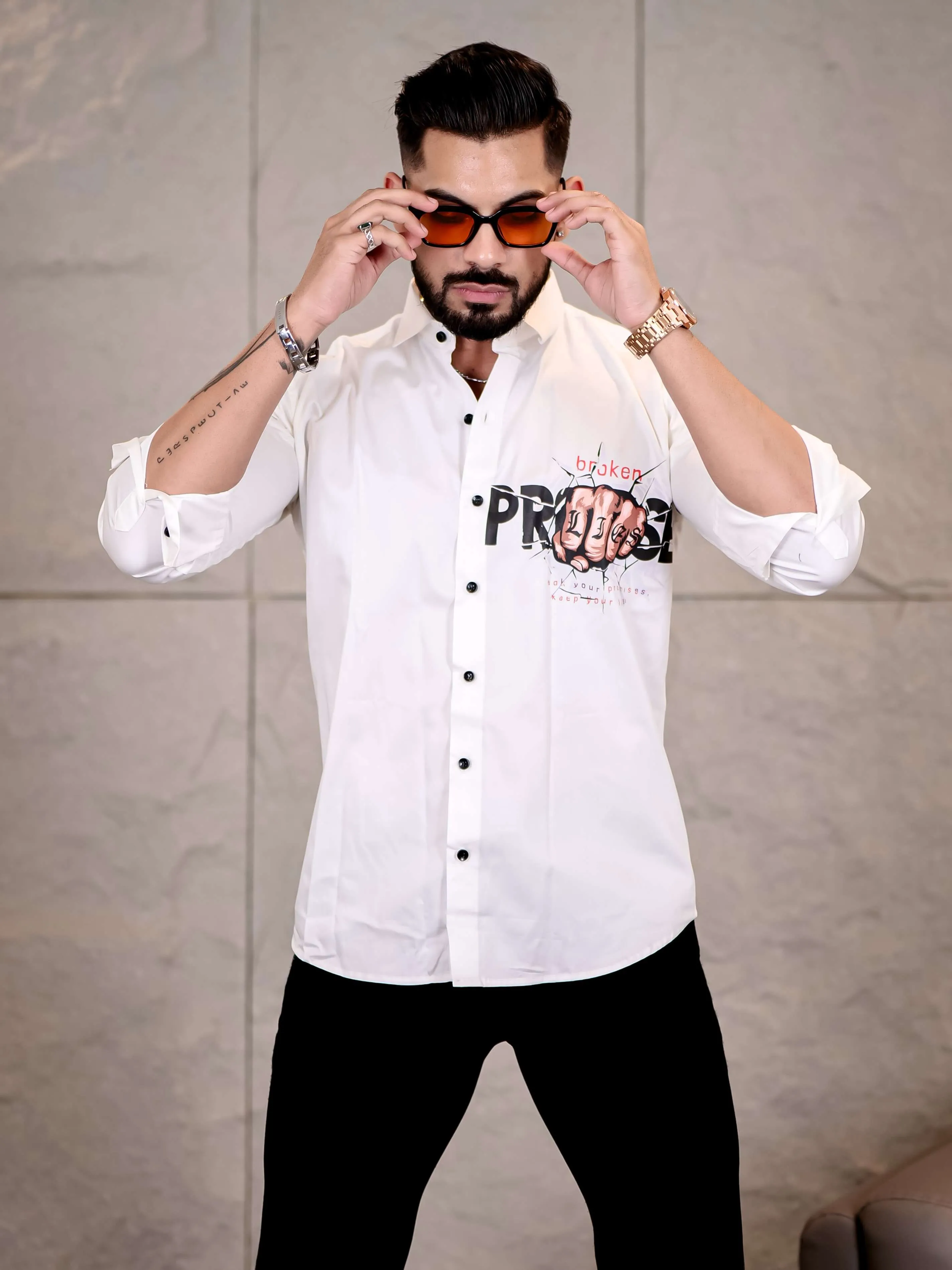 White Club Wear Lie Broken Printed Satin Cotton Shirt