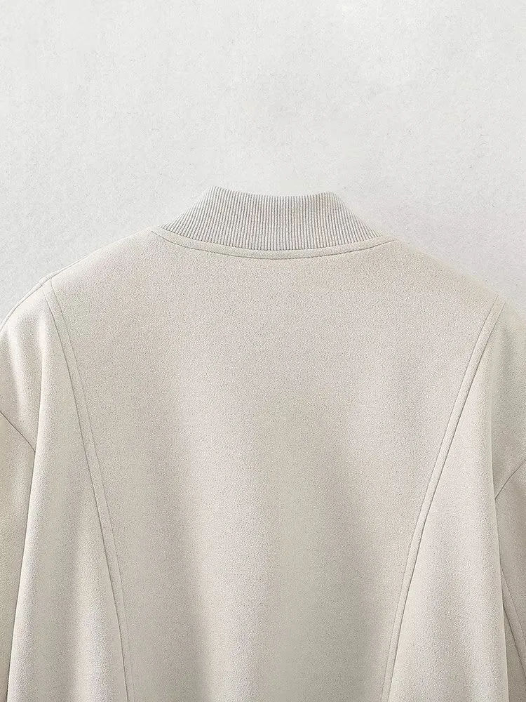 Women Clothing Autumn Suede Texture Effect Short Bomber Jacket Coat