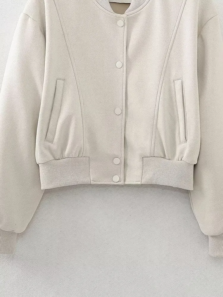 Women Clothing Autumn Suede Texture Effect Short Bomber Jacket Coat